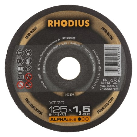 Caixa de 10 discos de corte inox e aço Ø 125 mm Rhodius XT70