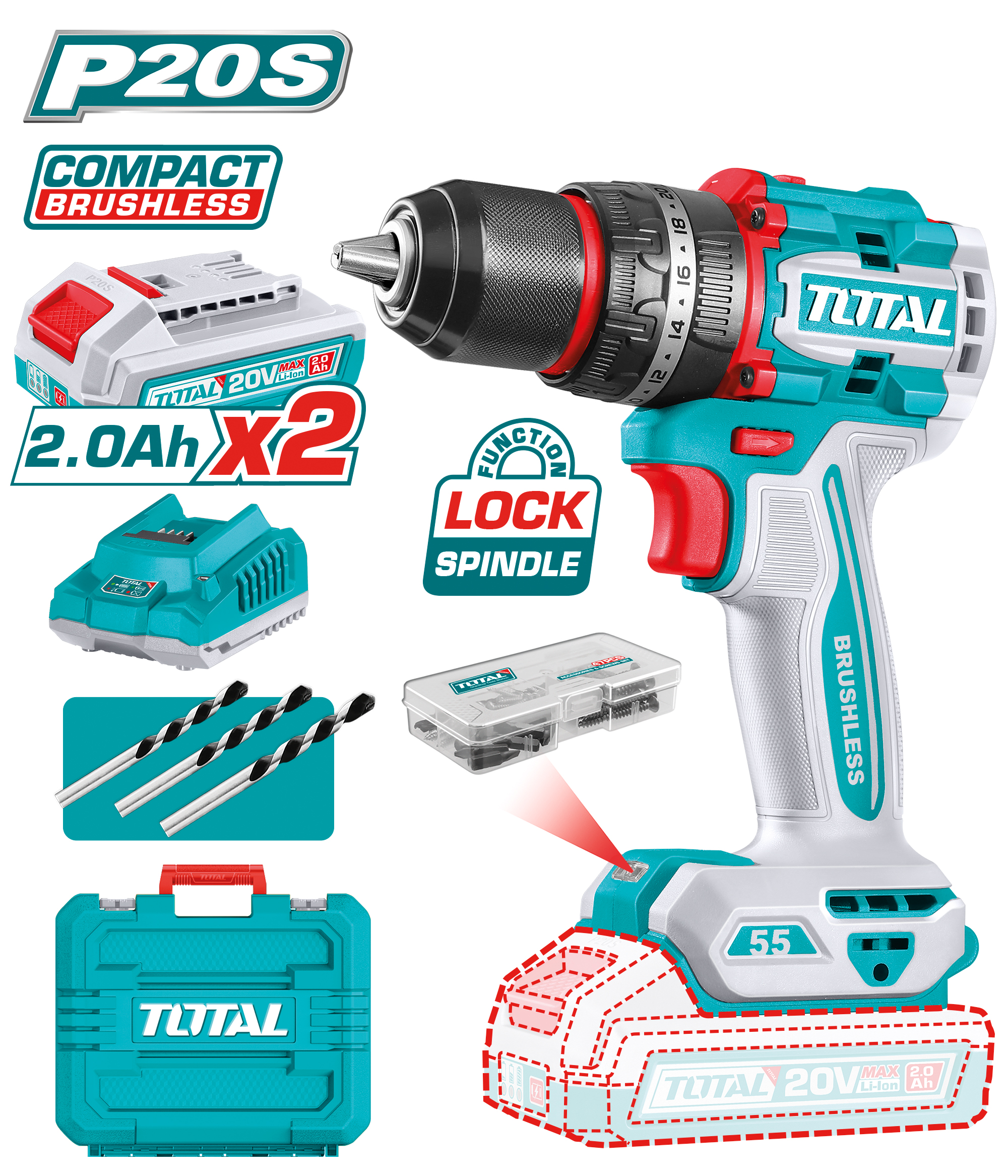 Brushless battery-powered hammer drill TIDLI20558 | 20 V