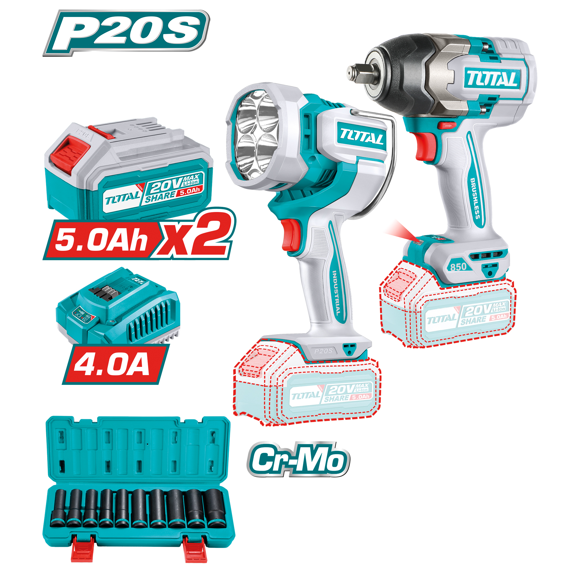 Pack chave de impacto + projector LED a bateria TOSLI241181E | 20 V